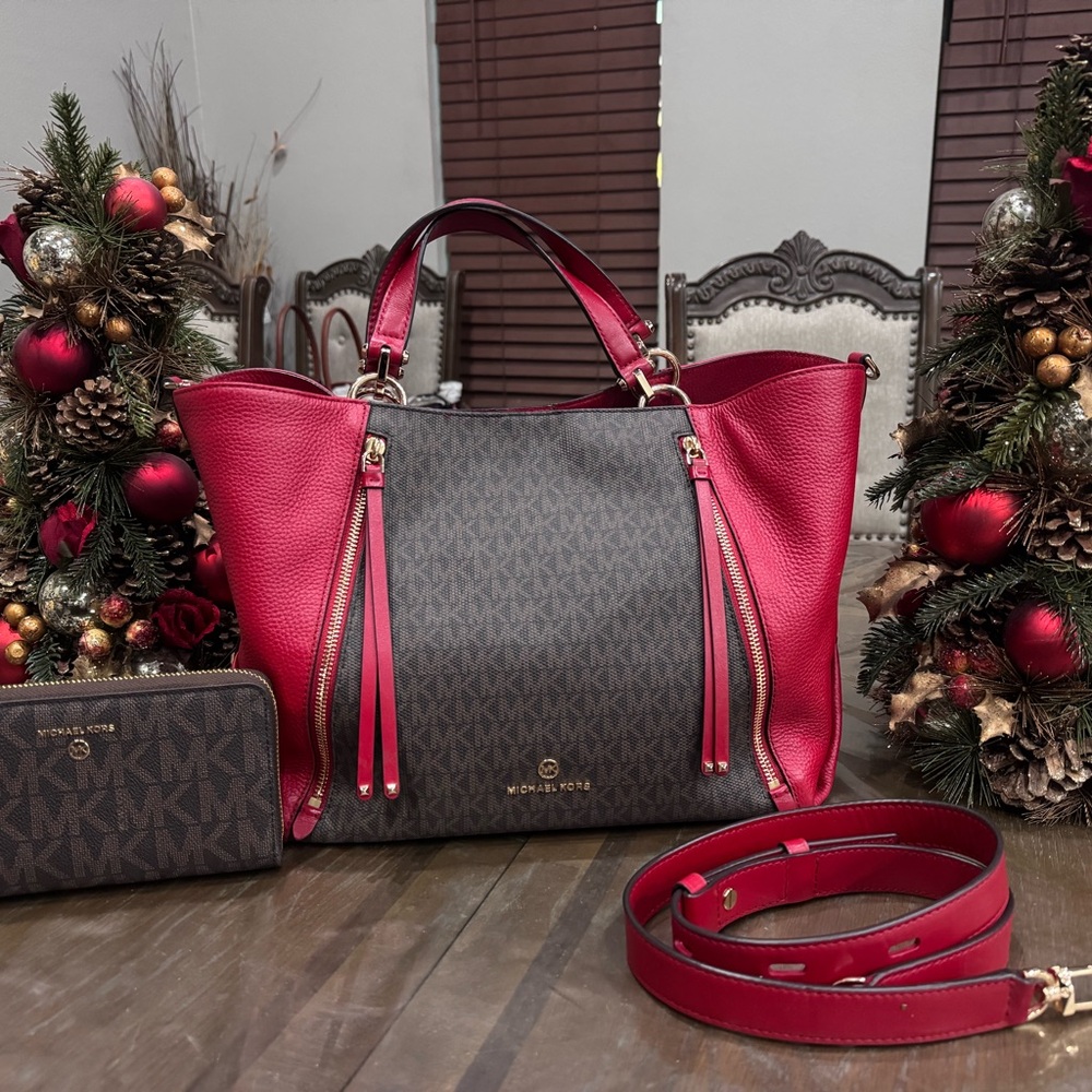 High-end Michael Kors Red and Brown Tote Bag